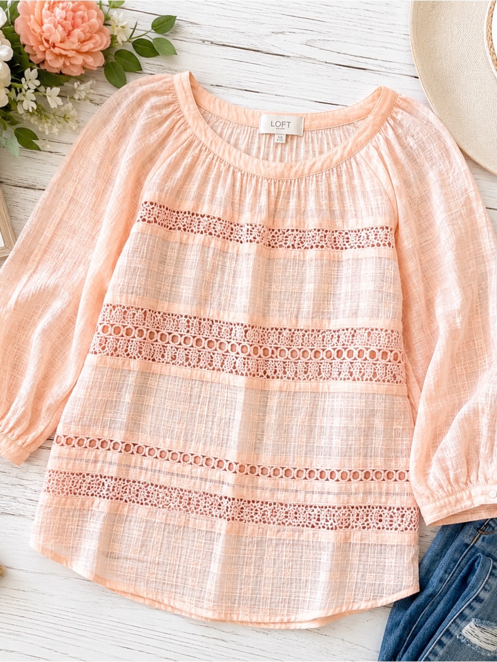 LOFT Peach Gauze Crochet Lace Boho Blouse Small 100% Cotton Sheer Top